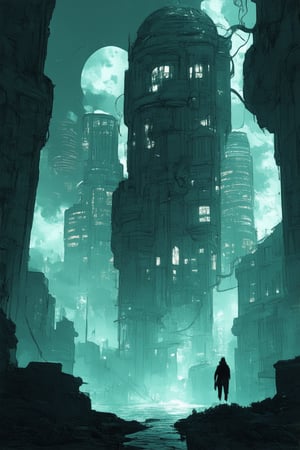 A dreamlike atmosphere pervades this surreal design. A distorted cityscape stretches across a canvas of eerie mist, as if reality is warping to fit an impossible geometry. Towering skyscrapers twist and writhe like living serpents, their neon lights pulsating in syncopated rhythms. In the foreground, a lone figure floats effortlessly, surrounded by wispy tendrils that seem to defy gravity.