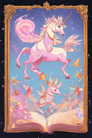 A whimsical illustration of Magical Flat Art: A vibrant, flat-art style depiction of a mystical world where fantastical creatures and magical artifacts come to life. Softly lit with pastel hues, the scene is framed by ornate golden borders, with intricate details on each element. In the center, a majestic unicorn levitates above a swirl of shimmering dust, surrounded by curious fairies and enchanted tomes.