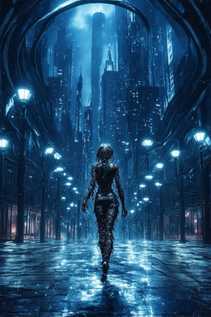 In a darkened alleyway, neon hues bleed into the wet asphalt as a lone figure, dressed in ripped leather and cybernetic implants, stands poised amidst a swirling vortex of binary code. A holographic display flickers above, casting an eerie glow on the subject's masked face. The cityscape looms in the background, a labyrinth of towering skyscrapers and twisted steel beams, bathed in the faint blue light of streetlamps.