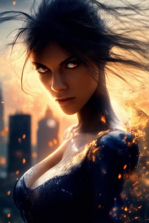 A powerful woman stands defiantly in front of a city skyline at sunset, her facial expression a mix of determination and fury as she gazes directly into the camera lens. Her dark hair blows slightly in the wind, framing her strong jawline and piercing brown eyes that seem to burn with an inner fire.