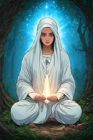 Mystical Mama - A mystical woman with an ethereal aura, sits cross-legged on a lush forest floor, surrounded by misty vines and ancient trees. Her eyes, like two full moons, shine brightly amidst the twilight shadows. She wears a flowing white robe, embroidered with symbols of the cosmos, as she cradles a glowing crystal in her hands. The atmosphere is mystical, with an air of mystery and otherworldly wisdom surrounding this enigmatic figure.