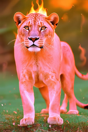 A bold, vibrant pink color dominates the frame as a majestic lioness stands tall, her fur ablaze with fiery intensity. The warm sunlight casts a golden glow on her majestic mane, highlighting each individual strand of fur as she proudly surveys her kingdom.