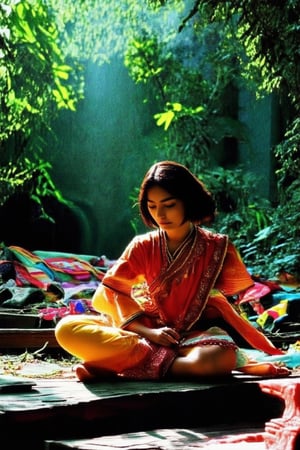 A serene Mandana koka scene: A young woman, dressed in traditional attire, sits cross-legged on a intricately carved wooden platform, surrounded by lush greenery and colorful textiles. Soft, warm sunlight filters through the leaves, casting dappled shadows on her peaceful face. She gazes downward, hands clasped together in contemplation.