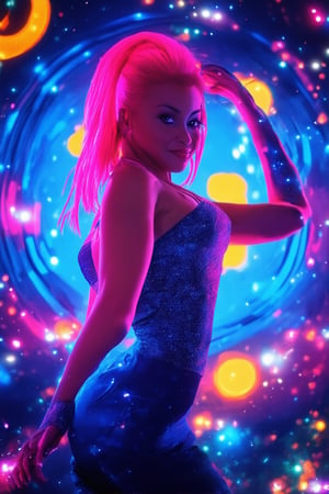 A mesmerizing image featuring a stunning model posing in front of a kaleidoscope of colors. The vibrant effect is amplified by the bold, neon-lit cityscape behind her, with swirling patterns and abstract shapes dancing across the walls. Her bright pink hair stands out against the electric blue backdrop, while she flaunts a dazzling smile and sassy attitude. The camera's framing captures her confident pose from a low angle, emphasizing her strength and individuality.