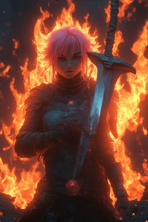 A close-up shot of a fiery-haired warrior's face, illuminated by the warm glow of sunset-hued flames. The fierce pink color of her locks is ablaze, framing her determined expression as she holds aloft a gleaming sword, the sharp blade reflecting the vibrant hue. The background is a smoldering ruin, with crumbling brick and twisted metal amidst the fiery chaos.