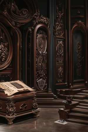 A dimly lit, ornate museum foyer with intricately carved wooden panels and a sweeping staircase. Amidst the ancient artifacts on display, a mystical energy emanates from an antique, ornate box adorned with mysterious symbols, as if holding secrets of the past. The air is heavy with the scent of old parchment and whispered tales.