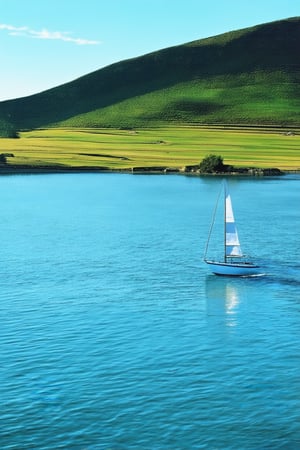 A serene Mandana Koka landscape: a tranquil lake reflects the gentle morning sunlight, casting a warm glow on the surrounding verdant hills. A lone sailboat drifts lazily across the calm water, its white sails billowing in the breeze. The horizon stretches out to meet the clear blue sky, where wispy clouds add texture and depth.