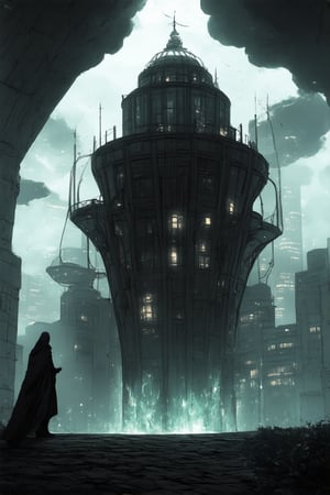 A dreamlike scene unfolds: a cityscape's steel towers and concrete streets melt into a misty, ethereal landscape. A lone figure, shrouded in a cloak of swirling fog, stands atop a skyscraper, arms outstretched as if embracing the vortex. Neon lights flicker like fireflies amidst wispy clouds, casting an otherworldly glow on the surreal cityscape.