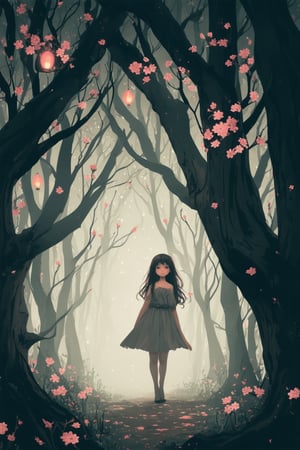 A dreamlike scenario unfolds in a dimly lit, misty forest, where intricate anime-inspired illustrations dance across ancient tree trunks. A whimsical, ethereal girl with delicate features and flowing locks poses amidst swirling cherry blossoms, her eyes shining like lanterns in the foggy atmosphere. Surreal creatures, such as floating koi fish and wispy tendrils of smoke, surround her, blending seamlessly into the mystical landscape.