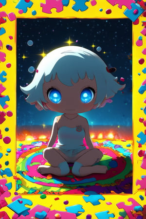 A chibi character sitting on a colorful rug, surrounded by scattered puzzle pieces and toys. Softly lit from above with warm yellow lighting, the subject's bright blue eyes sparkle with excitement. Framed by a whimsical border of cartoon bubbles and confetti, this adorable scene captures the joy of playtime.