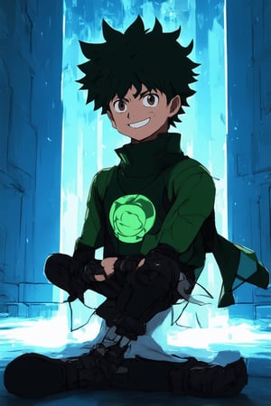 A flat honor chara from the anime series, My Hero Academia. The image depicts Izuku Midoriya, a young hero-in-training, sitting confidently with a proud expression. He's framed in a medium shot, slightly above eye level, against a bright blue background that complements his green hero costume. Soft, warm lighting illuminates his face, highlighting his determined gaze and the subtle smile playing on his lips. His hands are placed firmly on his knees, radiating a sense of strength and resolve. The overall atmosphere is one of calm focus, as if Izuku is ready to take on any challenge that comes his way.