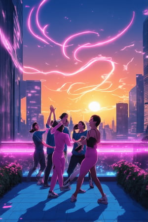 A stunning sunset over a futuristic cityscape, with vibrant hues of pink, orange, and purple swirling across the sky. Buildings and skyscrapers glow with neon lights, while a group of people in bold, colorful outfits dance and laugh together on a rooftop patio, surrounded by lush greenery and modern architecture. The warm light of the setting sun casts long shadows across the scene, as if infusing the entire atmosphere with an electric energy.