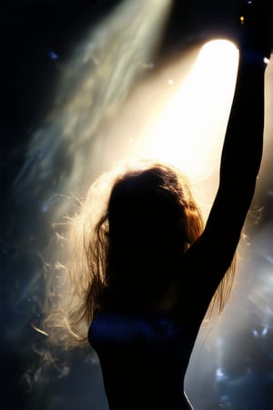 A woman's face, illuminated by a single spotlight on stage, conveys powerful emotion as she raises her arms to the heavens, her eyes blazing with determination. Her dark hair cascades down her back like a waterfall of night, framing her strong features. The shadows cast on her cheeks emphasize her intensity, while her full lips curve into a resolute smile.