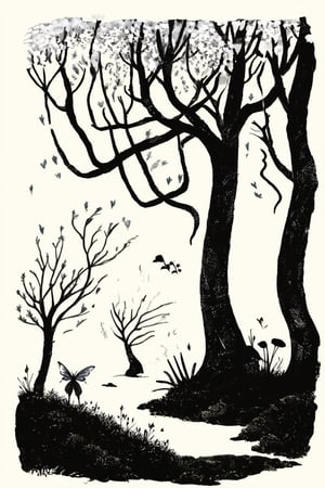 A whimsical illustration of a mystical forest, where ancient trees whisper secrets to curious creatures. Ink-drawn illustrations of wispy tendrils and delicate petals dance across parchment, as if drawn by an ethereal hand. Shadows cast eerie silhouettes on mossy stones, while faeries flit about, weaving moonlit magic.