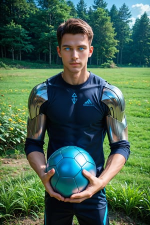 {{{REALISTIC}}},Score_9, Score_8_up, Score_7_up, 1man,tall, human head, metallic body,  bright blue eyes, glowing eyes, looking at viewer, holding a ball.1gril, short, grab another's arm. Backdrop_meadow, gren grass, sunny day, cinematic light