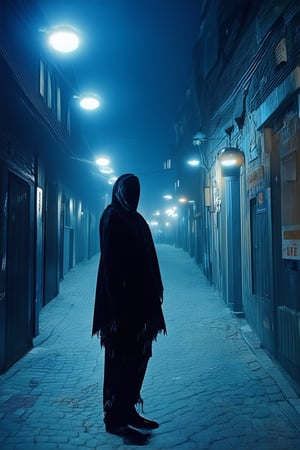 A melancholic figure stands alone in a dimly lit, dark blue hued alleyway, surrounded by the faint glow of flickering streetlights. The subject's face is cast in shadows, while their attire appears worn and tattered, evoking a sense of despair and desperation. The camera frames them from a low angle, emphasizing their isolation and vulnerability.