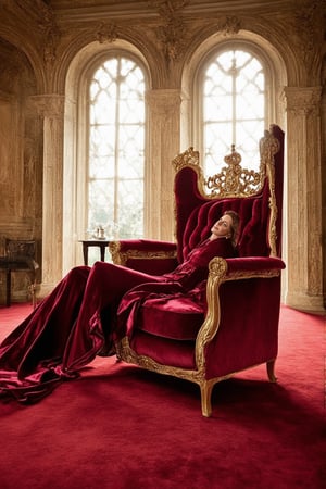 Capture a majestic, lavish scene: A sumptuous velvet-draped throne room with intricate gold filigree adorning ancient stone walls. Soft, warm golden light pours in through high arched windows, casting a regal glow on the ornate furniture and plush crimson carpet. Amidst this opulence, a stately figure reclines upon the throne, resplendent in lavish attire, diamond-encrusted crown held aloft.