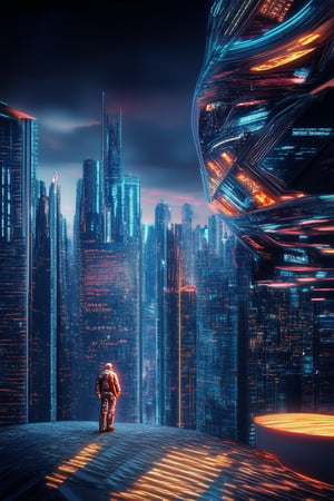 A futuristic cityscape unfolds in a sleek, neon-lit metropolis. Tall skyscrapers with angular architecture pierce the dark sky, their windows glowing like embers. A lone figure, dressed in a high-tech jumpsuit, stands atop a pedestal of swirling code, gazing out at the urban landscape with an air of determination.