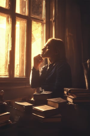 A nostalgic portrait: a warm, soft-focus image of an individual lost in thought, surrounded by vintage trinkets and worn leather-bound books. Golden light pours through a distressed wooden window frame, casting a gentle glow on the subject's contemplative face. A hint of nostalgia clings to the atmosphere, evoking memories of a bygone era.