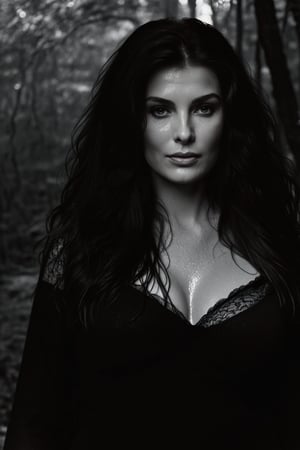 portrait of middle-aged woman
(brooke shields:1.4 (sophia loren:1.4)
(rich wet long hair) (rainy)
(view from front) (close up) (in creepy forest)
(dark dramatic background) (shadows) (silhouettes) 
(photorealistic)  captured with (ilford 125mm film) (blured background)