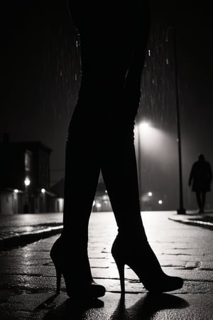 (detail of feets) (standing in the puddle)
(view from level ground) (in creepy old town) (night)
(dark dramatic background) (rain) (shadows) (silhouettes) 
(photorealistic) captured with (ilford 125mm film) (blured background)