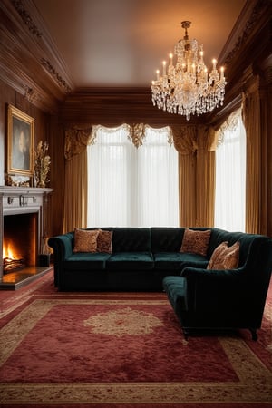 A opulent interior scene: a lavish living room with richly upholstered sofas in a deep jewel-toned velvet, accented by ornate gold fixtures and sparkling crystal chandeliers. Soft, golden light pours in through floor-to-ceiling windows, illuminating plush area rugs and elegant wood paneling. A majestic fireplace crackles with warmth, as a regal figure lounges on the couch, surrounded by opulent decor.