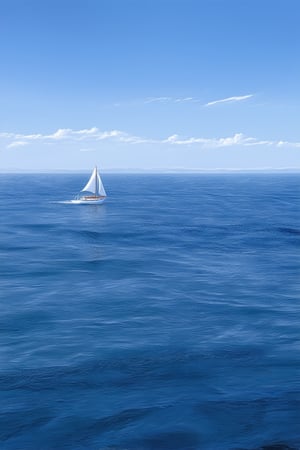 A majestic blue ocean stretches out as far as the eye can see, with gentle waves caressing the shore in a soothing rhythm. A lone sailboat drifts serenely across the calm waters, its white sails billowing in the soft breeze. The sky above is a brilliant blue, with only a few wispy clouds scattered across it, adding to the sense of tranquility.