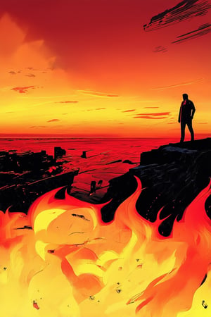 Vibrant red-orange sunset hues dominate the frame as a lone figure stands at the edge of a cliff, overlooking a ravaged landscape. Flames engulf the twisted metal wreckage in the distance, casting an intense, fiery glow on the subject's determined face. The extreme hue of burnt orange and yellow sunsets contrasts with the desolate darkness, capturing the essence of devastation.