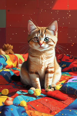 A whimsical illustration of a playful cat sitting on a colorful patchwork quilt, surrounded by scattered stuffed animals and a few loose threads from the fabric. The cat's ears are perked up, and its whiskers twitch with excitement as it gazes directly at the viewer. Soft, warm lighting casts a cozy glow over the scene.