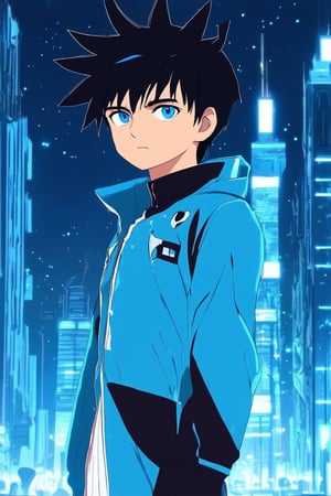 A vibrant blue hue dominates the scene as a youthful anime protagonist stands confidently in front of a futuristic cityscape at dusk. The soft glow of neon lights reflects off their short, spiky hair and bright blue eyes. A striking blue jacket with metallic accents wraps around their slender frame, accentuating their dynamic pose as they gaze out into the distance.