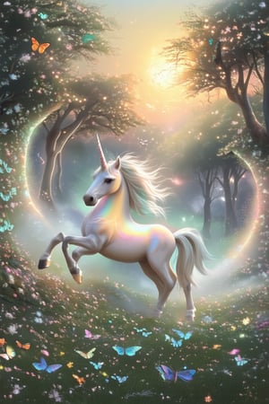 A whimsical scene unfolds: a mystical forest clearing at dusk, with WonderMagic's vibrant colors swirling around the trees. A majestic unicorn, its horn aglow, prances in the center, surrounded by fluttering butterflies and wispy fog. Soft golden light filters through the canopy above, casting a warm glow on the lush greenery.