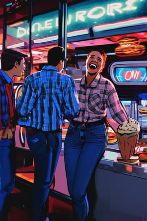 A nostalgic scene set in a retro-styled diner, circa 1995. A jukebox plays softly in the background as a group of friends, dressed in high-waisted jeans and flannel shirts, gather around a booth, laughing and chatting over milkshakes and burgers. Neon signs reflect off the vinyl seats, casting a colorful glow on the scene.