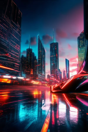 A futuristic cityscape at dusk: neon-lit skyscrapers pierce the darkening sky, their angular silhouettes reflected in the sleek, chrome-plated roadways. A lone hovercar zips by, casting a blur of light across the wet pavement as it speeds towards the distant, gleaming spire of a megacorporation's headquarters.