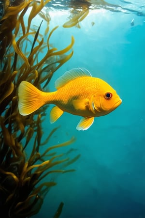 A vibrant yellow Hakame fish swims in the center of a serene oceanic landscape. The camera frames the shot from directly above, showcasing the fish's vibrant scales and delicate fins as it glides effortlessly through the crystal-clear water. Warm sunlight filters down from above, casting a gentle glow on the fish and surrounding seaweed.