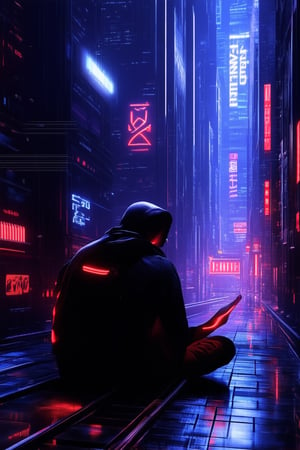 In a dimly lit, neon-lit alleyway, a lone hacker sits cross-legged on the ground, surrounded by a halo of blue-tinted light. Glowing circuit boards and wires sprawl out before them, as they intensely focus on their tablet screen. The cityscape looms in the background, towering skyscrapers and holographic advertisements casting a futuristic glow.