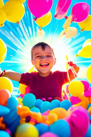 A dynamic close-up shot of a beaming child's face, illuminated by a warm sunlight streaming through a burst of colorful balloons tied to their wrist. The vibrant hues of pink, yellow, and blue swirl around them, creating a whimsical atmosphere as they pose with a joyful smile, surrounded by the playful chaos of a birthday party.