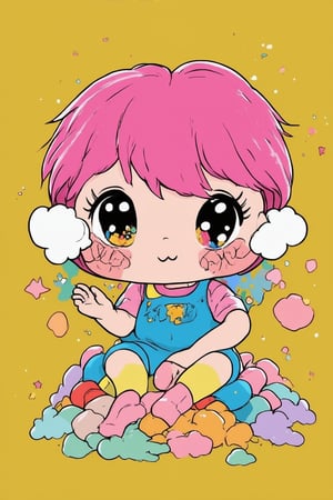 A whimsical illustration of a chibi-style Eveything, with bright pink hair and mismatched eyes, sitting on a pile of colorful, swirling clouds. The background is a warm yellow with subtle gradient effects, evoking a sense of sunshine and optimism. Eveything's expression is playful and mischievous, with a sly grin spreading across their face as they hold a miniature rainbow in one hand.