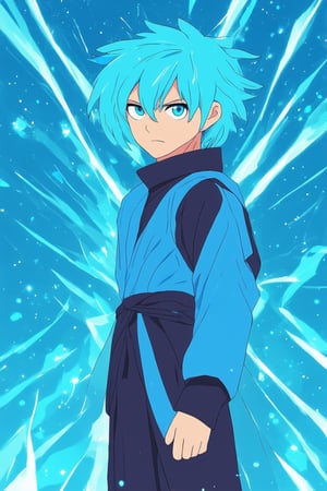 A vibrant blue background sets the stage as a youthful anime protagonist stands confidently in the foreground, their bright blue hair glowing with an electric sheen. The character's eyes shine like sapphires, surrounded by delicate white lines, as they gaze directly at the viewer with determination etched on their face. The blue hue of their attire and the surrounding environment blend seamlessly to create a captivating visual effect.