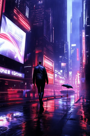 A futuristic cityscape at dusk: towering skyscrapers and neon-lit billboards reflect off wet pavement as a lone figure in a black leather jacket and shades walks down the rain-soaked street, umbrella blown inside out by strong gusts. Graffiti-covered walls and holographic advertisements blur together in the misty atmosphere.