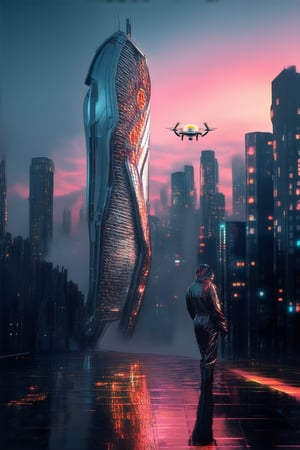 A futuristic cityscape at dusk: a sleek, silver skyscraper rises from the misty horizon, its neon-lit windows reflecting a kaleidoscope of colors. A hovering drone zips by, casting a warm glow on the wet pavement. In the foreground, a lone figure in a metallic jumpsuit stands poised, looking out upon the city's sprawling expanse.