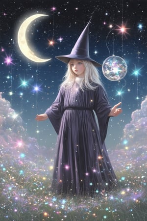 A whimsical illustration of a young wizard, 'WonderMagic', standing in front of a vibrant, starry night sky, with a crescent moon hanging low. He wears a pointed hat and holds a sparkling crystal orb in one hand, while the other rests on his hip. The air is filled with swirling mist and glittering fairy lights, as WonderMagic's eyes shine bright with magical potential.