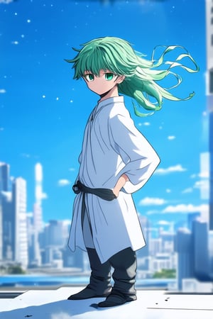 A young anime character stands confidently with a bold stance, left foot forward and right arm akimbo, against a bright blue cityscape backdrop. Soft lighting highlights their vibrant green hair and matching eyes as they gaze out at the horizon, while a subtle wind blows through their flowing white clothing.