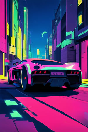 A vibrant, neon-lit cityscape at dusk, with buildings emitting an otherworldly glow in extreme hues of pink, green, and yellow. The sky is a deep shade of indigo, almost purple, as the sun dips below the horizon. In the foreground, a futuristic sports car zooms by, its tires screeching against the pavement.