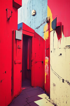 A mysterious street art installation by Banksy: a darkened alleyway at dusk, lit only by flickering fluorescent lights casting eerie shadows on the walls. A worn-out phone booth stands sentinel, its door slightly ajar, revealing a hint of a face within, shrouded in mystery.