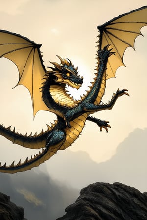 A whimsical animated scene: a fantastical dragon, with scales shimmering like polished gemstones, perched on a misty mountain peak, its wings spread wide as if embracing the dawn. The warm sunlight casts a golden glow, illuminating the rugged terrain and highlighting the dragon's majestic pose, as if it's about to take flight.