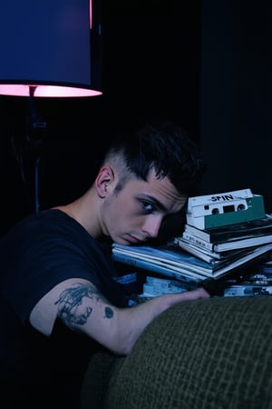 A close-up shot of a person in their late teens to early twenties, sporting a messy, boyish haircut and a faded band t-shirt, sits on a worn-out couch with a stack of VHS tapes beside them. The room is dimly lit by the warm glow of a lamp, with a hint of neon pink and green hues seeping from the TV in the background. A cassette tape player sits nearby, with a few favorite albums stacked on top. The subject's eyes gaze down at a worn-out copy of 'Spin' magazine, lost in thought.