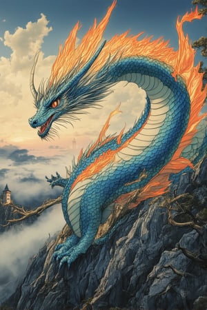 A majestic, iridescent dragon sprawls across a misty mountain peak, its scales glinting like diamonds in the soft, golden light of dawn. The creature's wings are outstretched, as if embracing the morning's promise, while its fiery breath casts a warm glow on the rugged terrain. In the background, ancient trees tower above, their gnarled branches tangled with mist and legend.