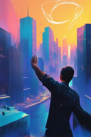 A surrealistic cityscape at dusk: Gradient World depicts a metropolis bathed in hues of blue and orange, as if painted by an invisible brush. Buildings morph into wispy tendrils, their outlines blurring like watercolor on wet paper. In the foreground, a lone figure stands amidst the gradient haze, arms outstretched as if embracing the colorful chaos.