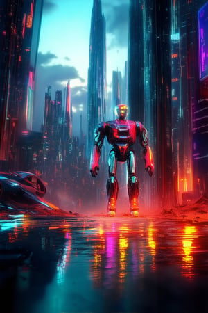 A futuristic cityscape at dusk: sleek skyscrapers pierce the smoggy sky, neon lights reflecting off wet pavement as a lone hovercar zips by; in the foreground, a humanoid robot stands atop a ruined building, arms outstretched in defiance, against a backdrop of towering spires and holographic advertisements.