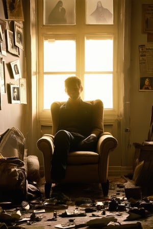 A vintage-inspired portrait of a nostalgic individual sitting in a worn armchair, surrounded by old photographs and dusty trinkets. Soft golden light illuminates their gentle smile as they gaze wistfully into the distance, with a hint of melancholy in their eyes. The room is cluttered with forgotten treasures, the walls adorned with faded family portraits and yellowed newspaper clippings.